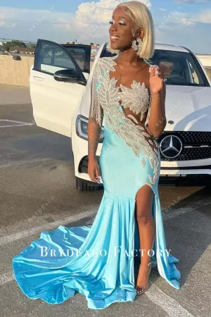 Sparkly Rhinestones Pool Slit Long Train Prom Dress