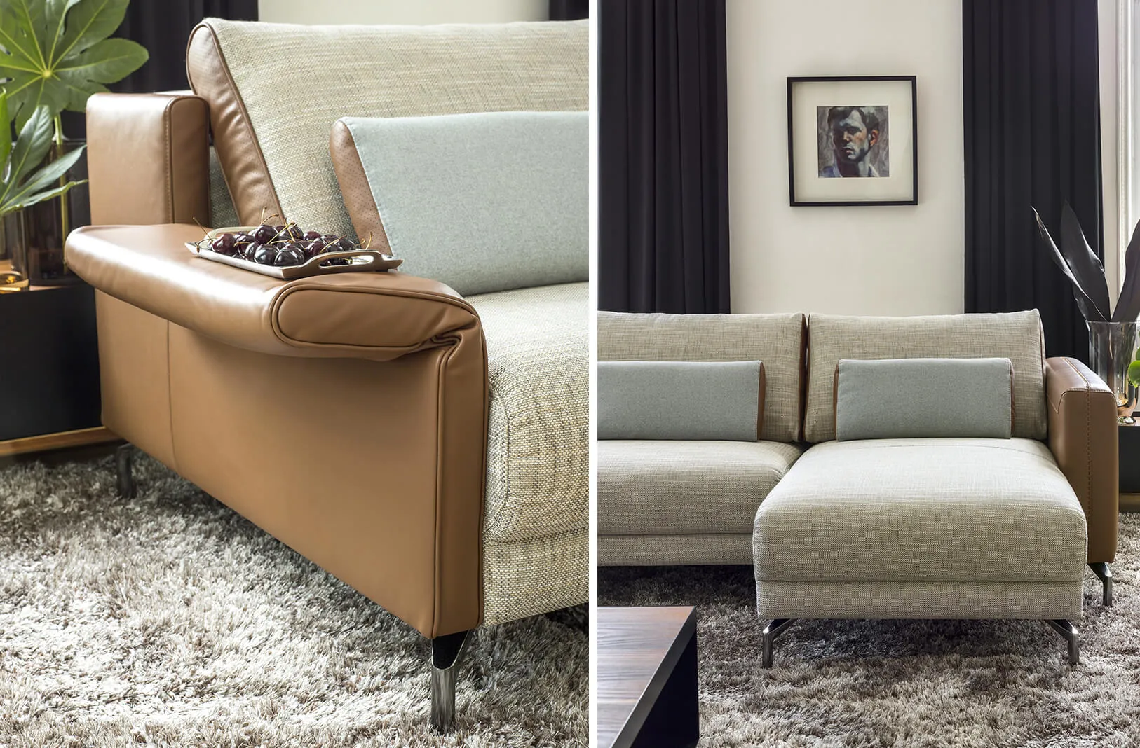 Stuttgart beige fabric caramel leather sectional