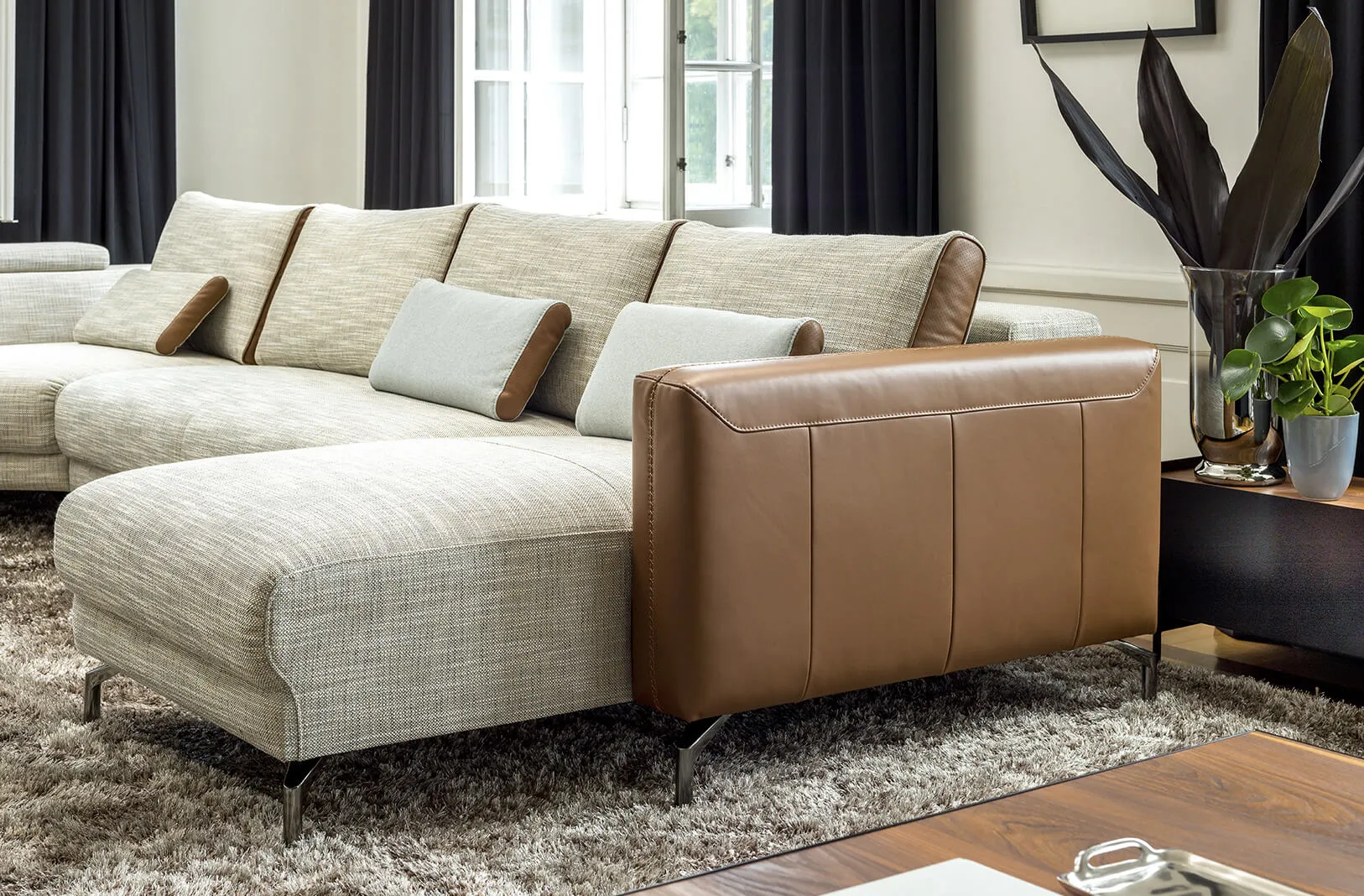 Stuttgart beige fabric caramel leather sectional