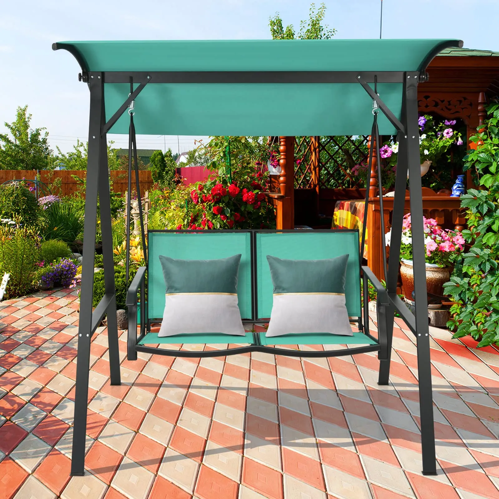 Tangkula 2-Person Patio Swing, Weather Resistant Glider with Adjustable Canopy