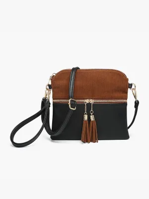 Tara Corduroy 2 Tone Crossbody w/ Front Zip Pocket - Black & Saddle Brown