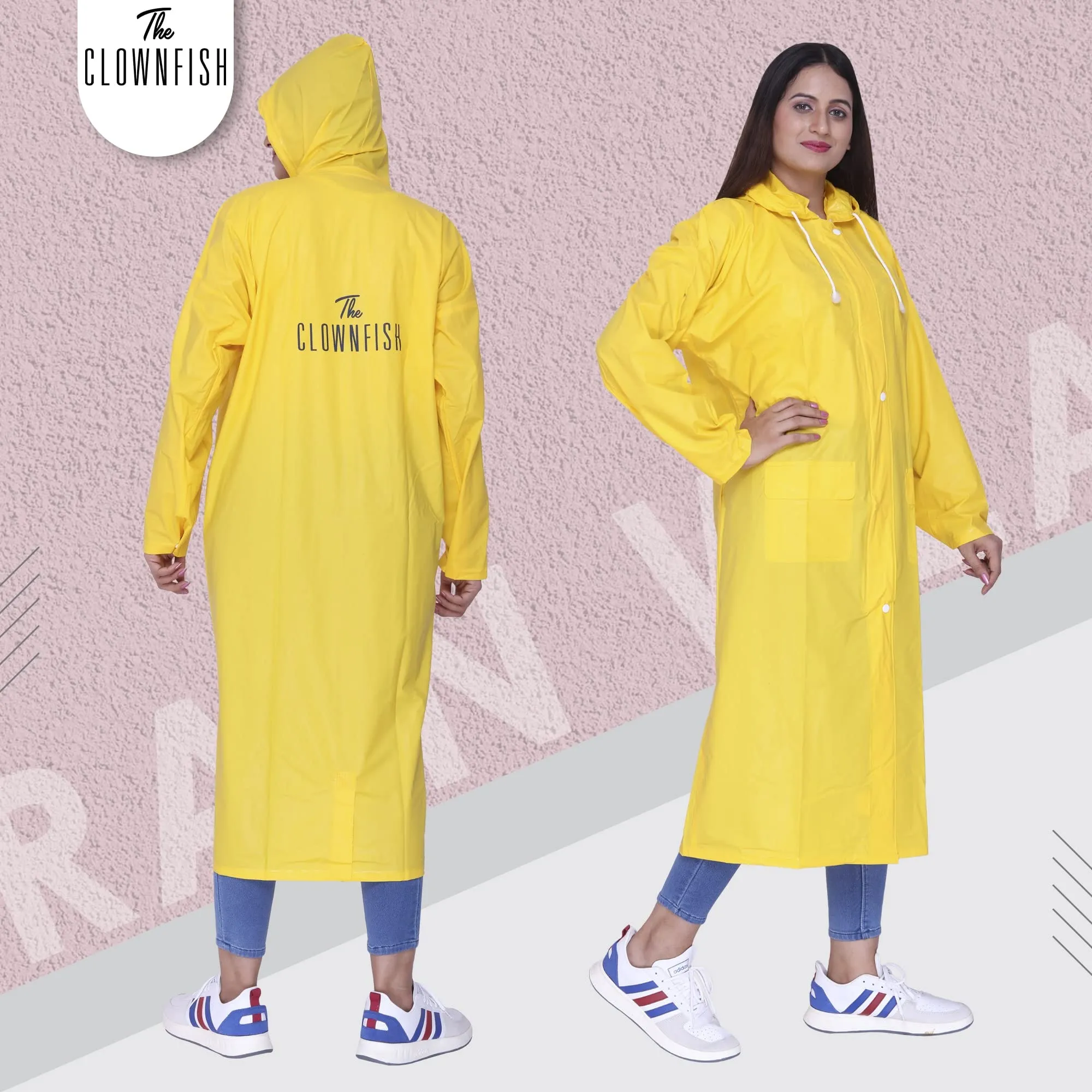 THE CLOWNFISH Indus Pro Series Women's Waterproof PVC Raincoat/Longcoat with Adjustable Hood- With Storage Bag (Yellow, L)