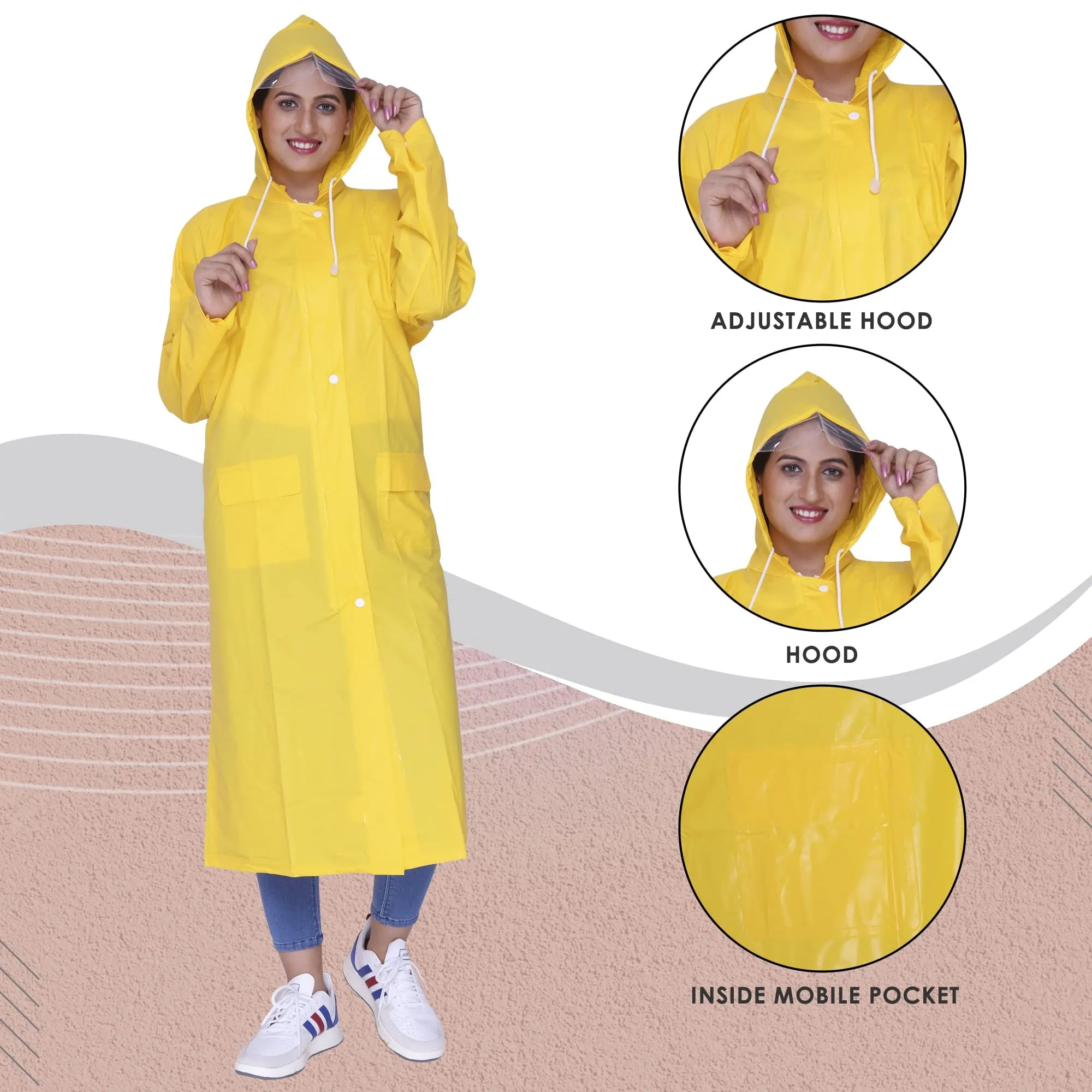 THE CLOWNFISH Indus Pro Series Women's Waterproof PVC Raincoat/Longcoat with Adjustable Hood- With Storage Bag (Yellow, L)