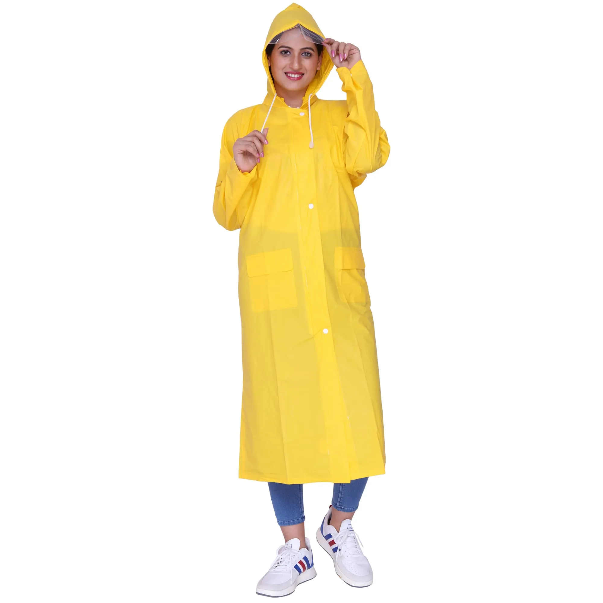 THE CLOWNFISH Indus Pro Series Women's Waterproof PVC Raincoat/Longcoat with Adjustable Hood- With Storage Bag (Yellow, XXXL)