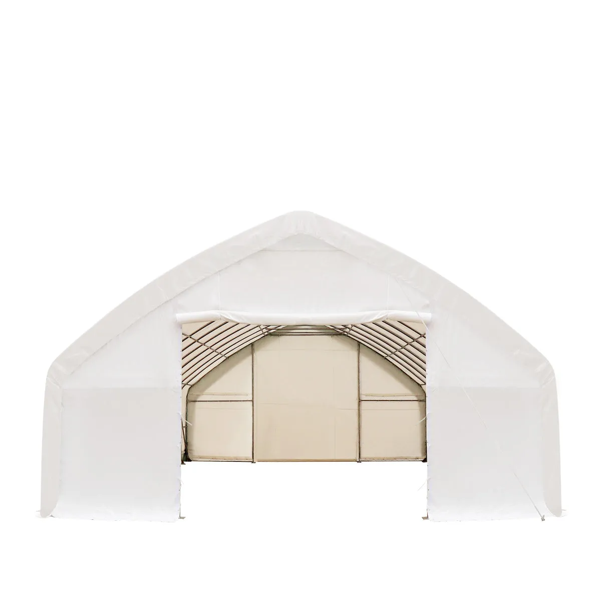 TMG Industrial 30' x 50' Straight Wall Peak Ceiling Storage Shelter with Heavy Duty 11 oz PE Cover & Drive Through Doors, TMG-ST3050E(Previously ST3050)