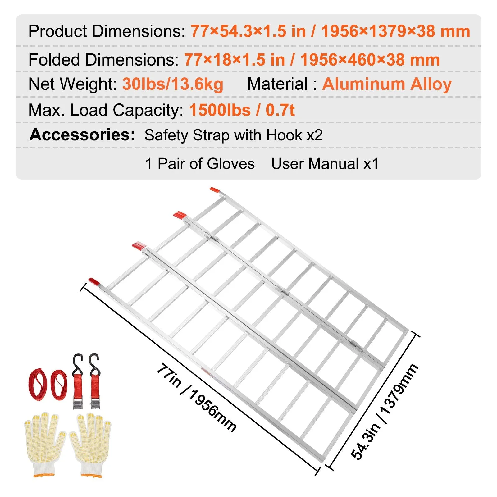 Vevor Tri-Fold Aluminum Loading Ramp 1500 Lbs Capacity 77" x 54" for Tractors ATVs UTVs New