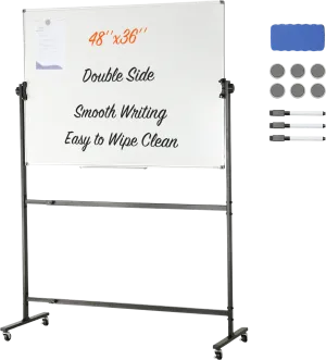 Vevor Whiteboard 48" x 36" Double-Sided Reversible Magnetic Dry Erase Board with Wheels New