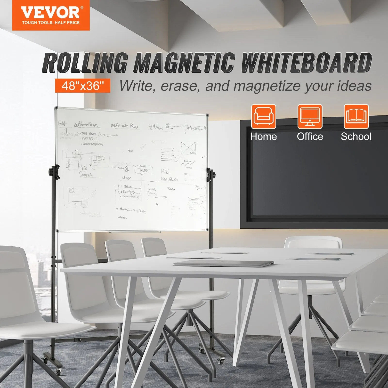 Vevor Whiteboard 48" x 36" Double-Sided Reversible Magnetic Dry Erase Board with Wheels New